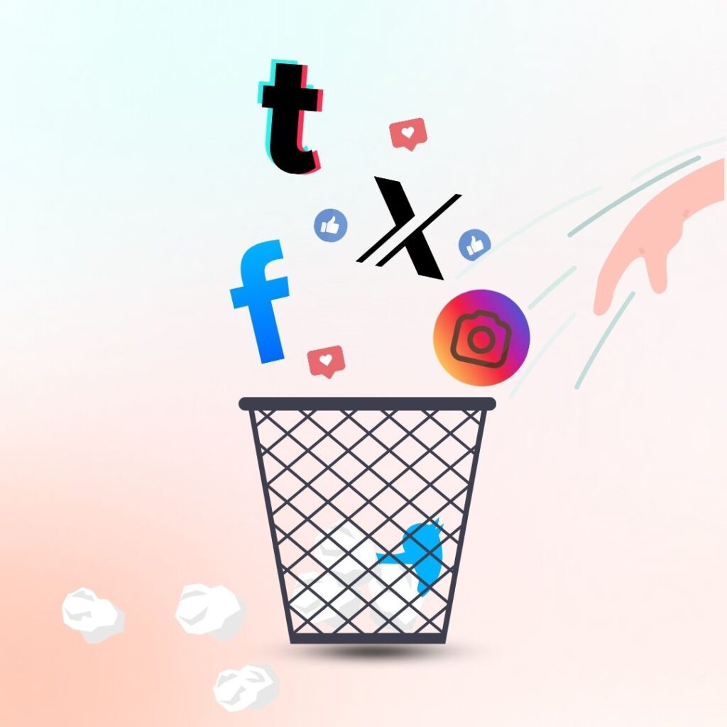 Social Media logos being dumped into the trash.